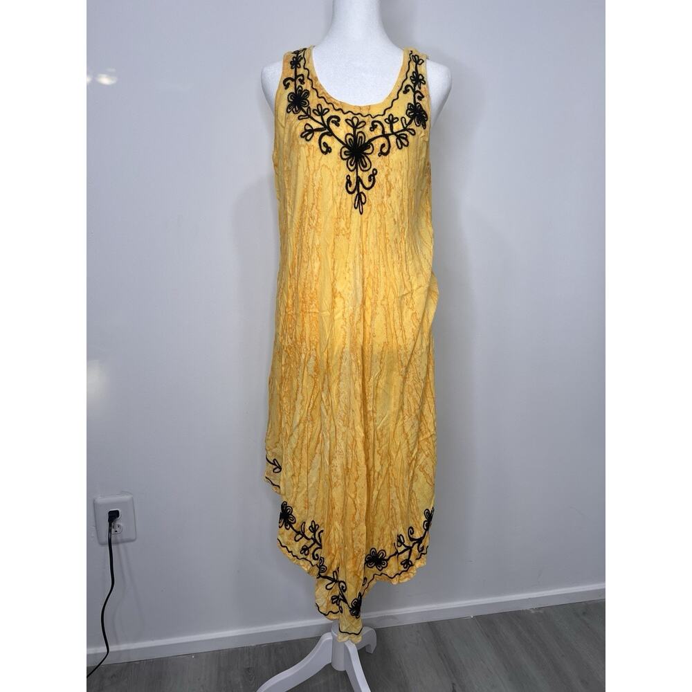 Elegant Yellow Midi Dress with Black Embroidery